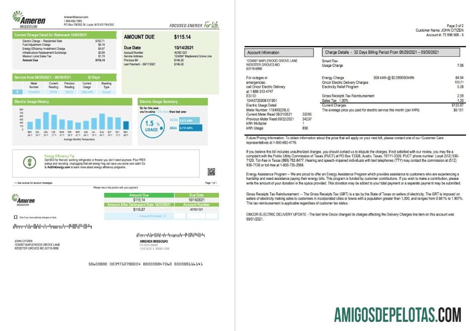 imprimível Modelo de conta de serviços públicos de eletricidade dos EUA Ameren Missouri em formato Word e PDF (2 páginas)